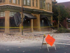 Damage is shown to a downtown building in Napa